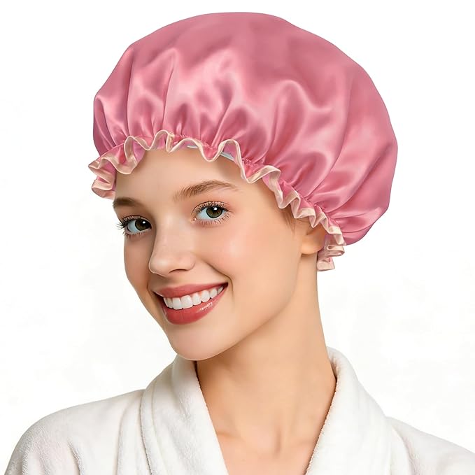Waterproof Shower Caps for Women, Solid Color Dual-Layer Elastic Band Design by MeliyaSmartwatchAccessories