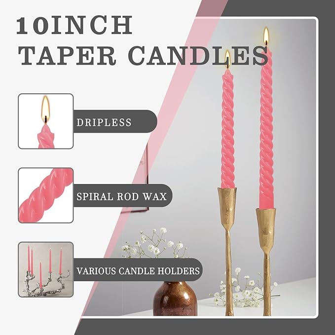 WPONSZU 10 Inch Pink Spiral Taper Candle Set of 12 Pack Unscented Dripless - Image 6