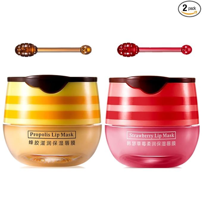 2 Pcs Bee Lip Balm Honey Pot, Honey & Strawberry Lip Mask Propolis Moisturizing by WFWJ
