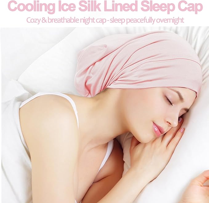 Sleep Cap Bonnet for Sleeping, Adjustable Cooling Ice Silk Lined Hair Bonnets - Image 4