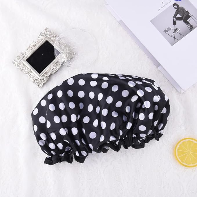 Polka Dot Shower Caps for Women Reusable Waterproof Satin Lined Bathing Caps - Image 6