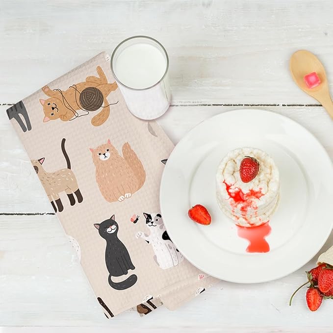 3PCS Cute Cat Kitchen Towels, Cat Themed Gifts Reusable Absorbent Waffle Weave - Image 6