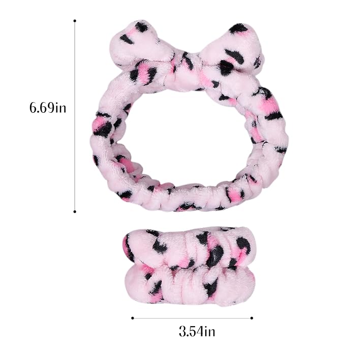 Pink Leopard Print Plush Wash Face Headband Bowknot Cheetah Spa Hair Band Wrist - Image 7