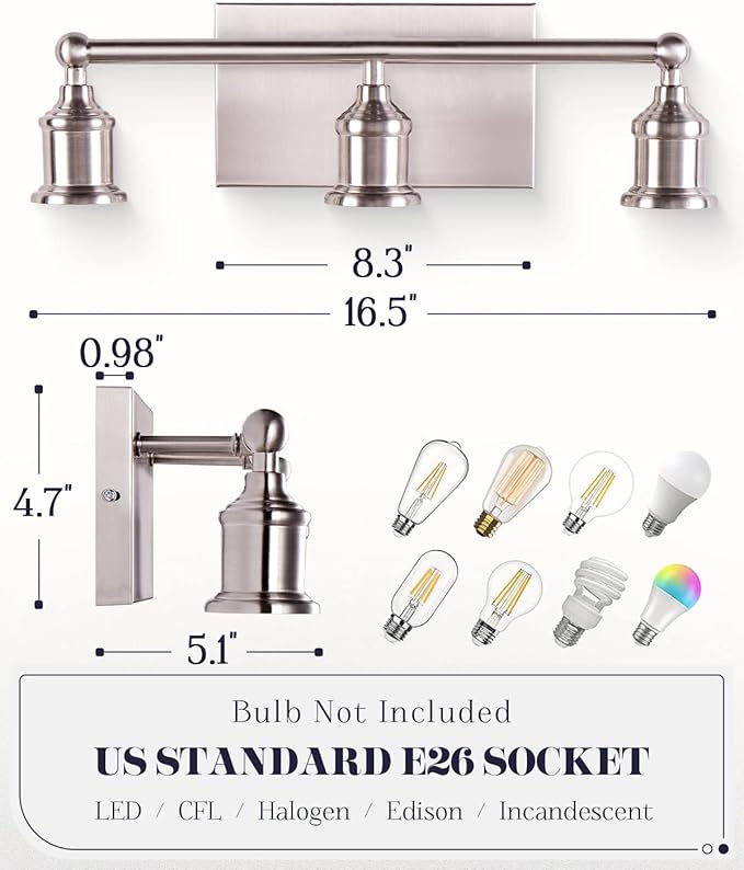 3-Light Vanity Light Fixture, Modern Brushed Nickel Wall Sconce Light Fixture - Image 5