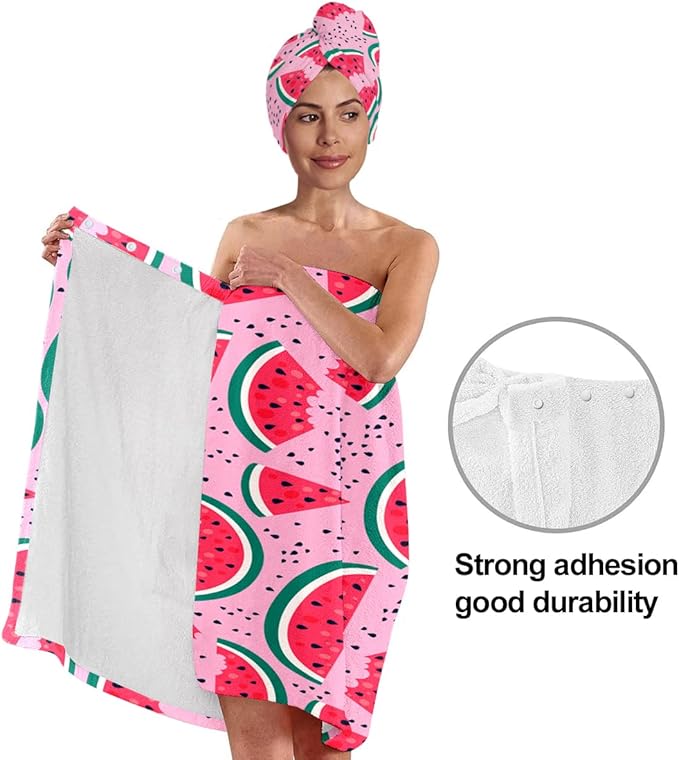 Watermelon Print Bath Wrap and Hair Drying Towel Set – Microfiber Quick Dry - Image 4