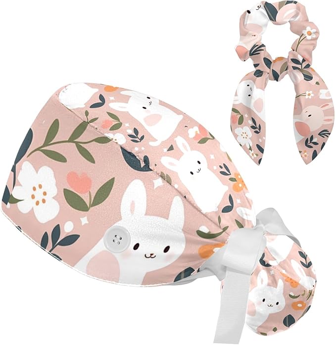 Scrub Caps Women Ponytail Cute Pink and White Leaves Caps Bouffant Working Hat by Unknown