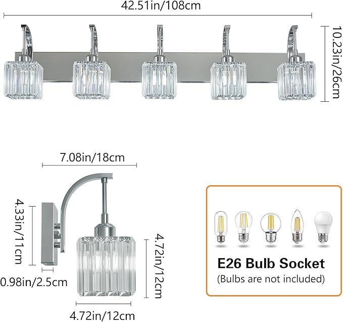 Crystal Vanity Lights 5-Light Chrome Bathroom Vanity Lights Modern Crystal - Image 4