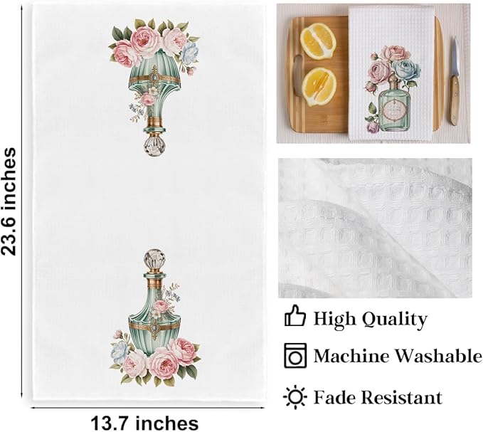 2pcs Vintage Rose and Perfume Bottle Floral Kitchen Towels, Perfume Lover Gift - Image 2