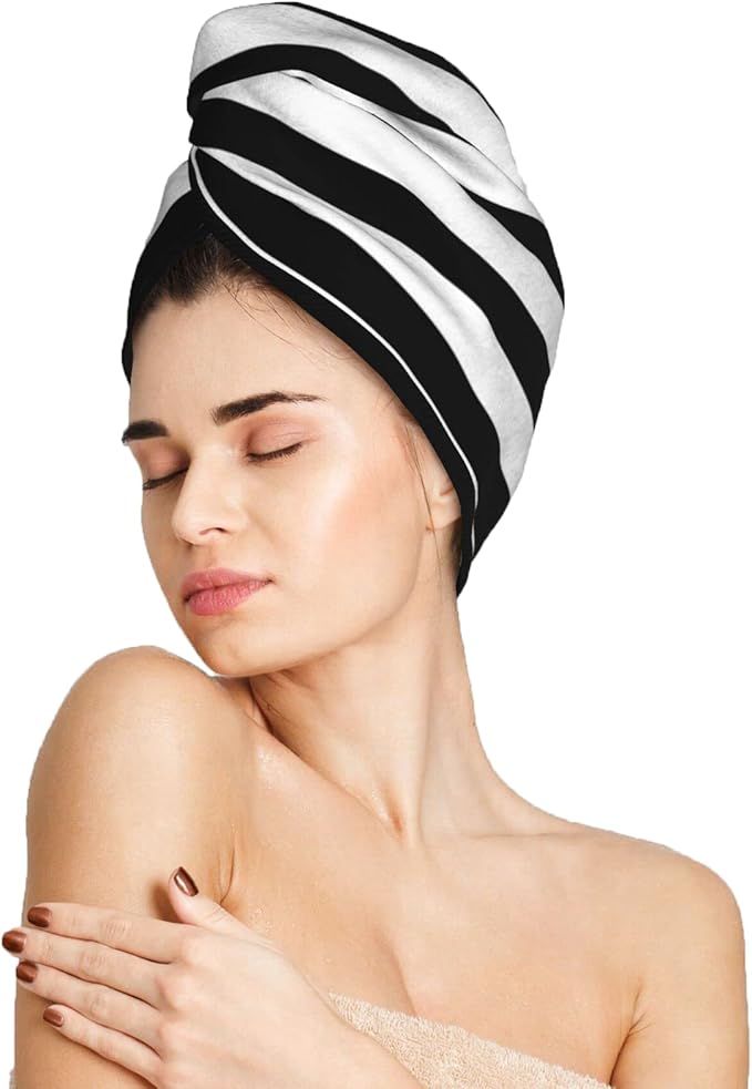 Black and White Stripe Hair Towel Wrap Microfiber Fast Drying Hair Turban by DecorateYourLife