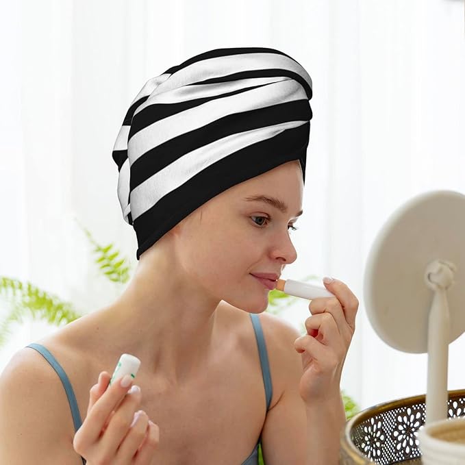 Black and White Stripe Hair Towel Wrap Microfiber Fast Drying Hair Turban - Image 8
