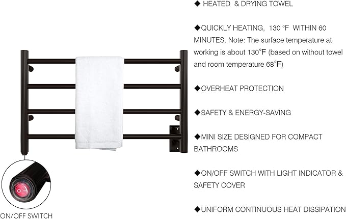 HEATGENE Towel Warmer 4 Bar Towel Dryer Wall-Mounted Plug-in Bath Towel Heater - Image 4