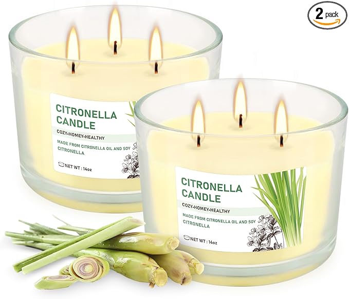 Citronella Candle Outdoor 2-Pack - 14oz Each 3-Wick Candles in Clear Glass Jars by fclayvts