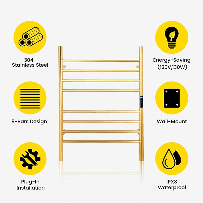 8-Bars Gold Heated Towel Rack–23" Wall Mounted Towel Warmer - Image 4