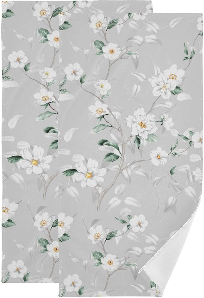 White Grey Blossom Flower Hand Towels by Unknown