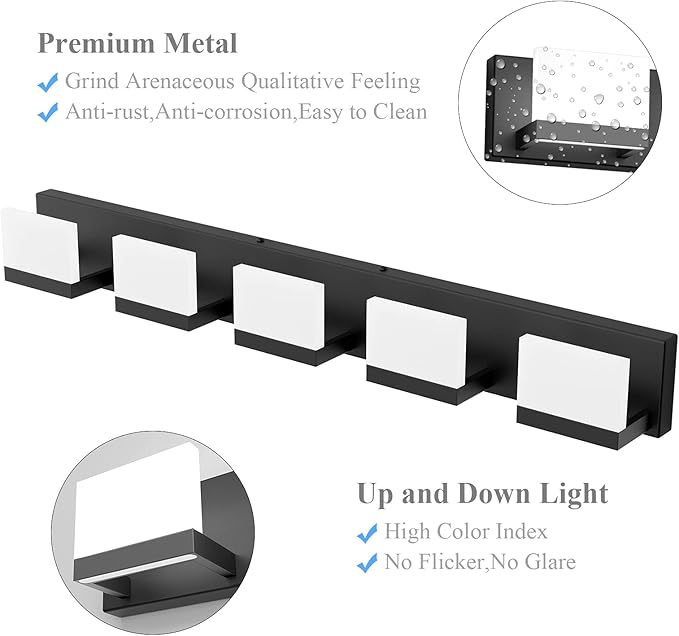 Tipace 5 Lights Modern Black Vanity Light Up and Down Black LED Vanity Light - Image 2