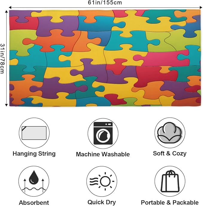 Colorful Jigsaw Puzzles Pattern Beach Towel Oversized Quick Dry Beach Blanket - Image 2