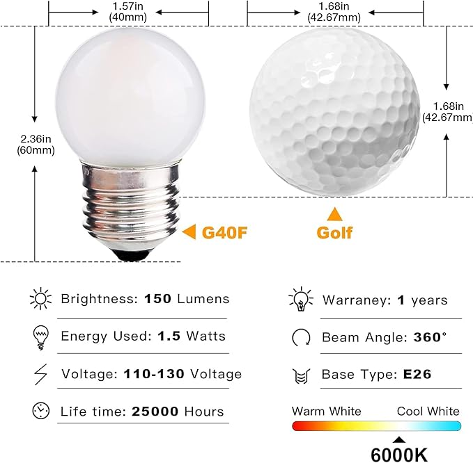 G40 1.5w Dim Led Bulb Equivalent 15 Watt Light Bulbs, Standard E26 Base Frosted - Image 3