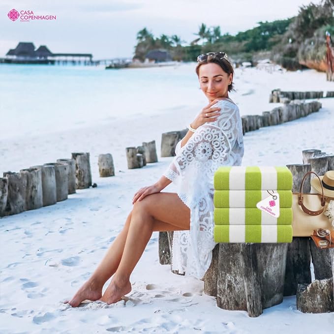 CASA COPENHAGEN Cabana Towel 4Pcs Green Designer Stripe Beach Towels Gift Set - Image 5
