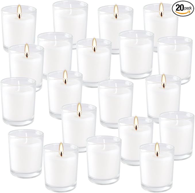 20 Pack Unscented White Clear Glass Filled Votive Candles | Soy Wax, Hand by YIH
