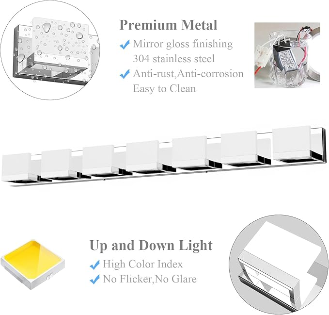 Tipace LED Modern Bathroom Vanity Light Fixtures, 7 Lights Chrome Vanity - Image 8