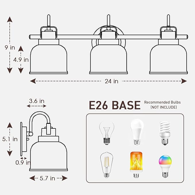 Bronze Bathroom Vanity Lights, 3-Light Vanity Light Fixtures - Image 7