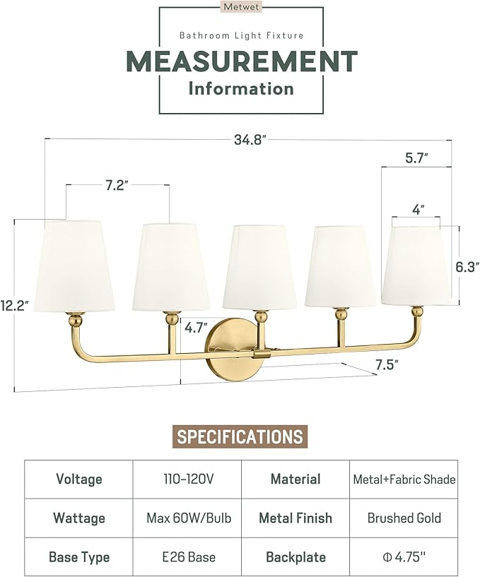 5-Light Bathroom Light Fixtures, Brushed Gold Vanity Lights - Image 3