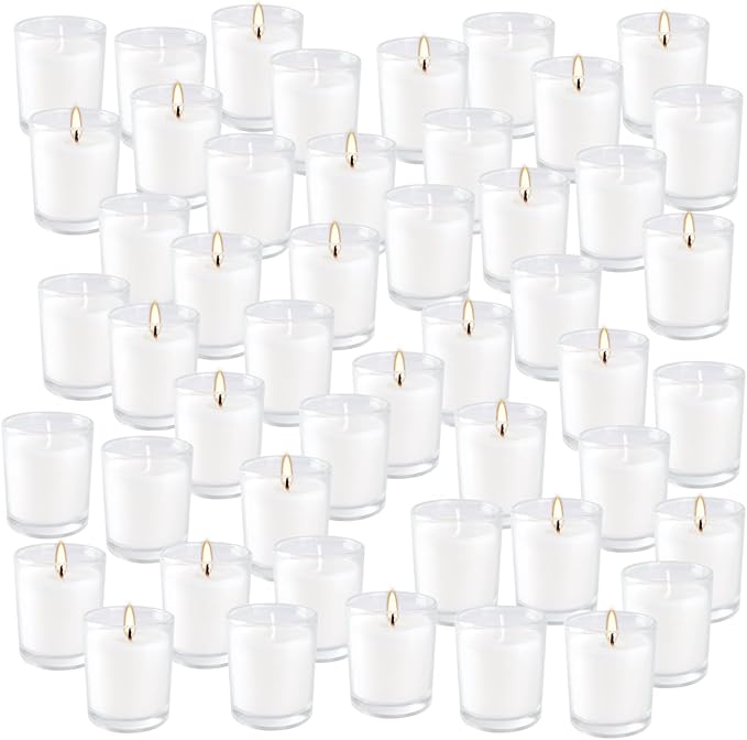 48 Pack Warm White Unscented Clear Glass Filled Votive Candles. Hand Poured Wax - Image 9