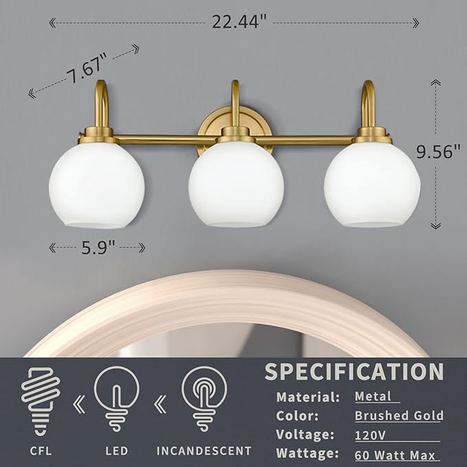 AKEZON Bathroom Light Fixtures 3-Light Brushed Gold Vanity Light, Modern - Image 6