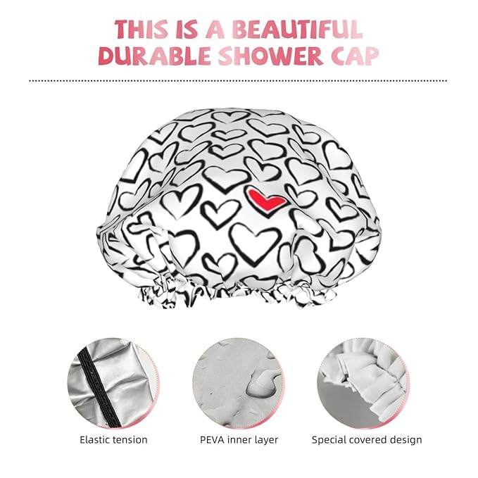 Love Hearts Shower Cap For Women Reusable Waterproof Double Layers Bath Cap - Image 4