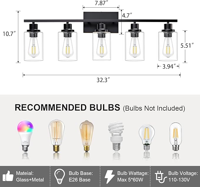 5 Light Bathroom Light Fixtures Black Vanity Light Over Mirror Modern Farmhouse - Image 3