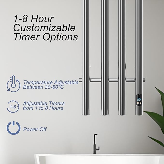 Electric Heated Towel Rack Warmer, Wall Mounted, Stainless Steel, 4 Bar - Image 5