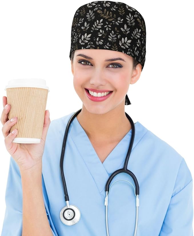 Scrub Cap for Women and Men Boho Black Leaf Pattern Adjustable Breathable - Image 6