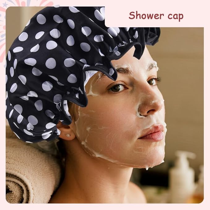 Polka Dot Shower Caps for Women Reusable Waterproof Satin Lined Bathing Caps - Image 4