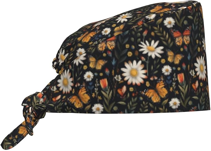 Scrub Cap for Women and Men Boho Black Leaf Pattern Adjustable Breathable by SUPLUCHOM