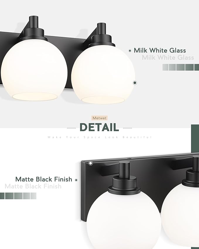 Bathroom Light Fixtures, 3-Light Matte Black Vanity Light, Modern Wall Sconces - Image 4