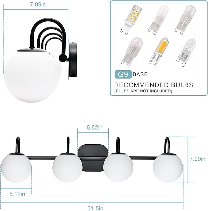 Vintage Bathroom Light Fixtures 4-Lights Black Mid Century Vanity Lights - Image 4