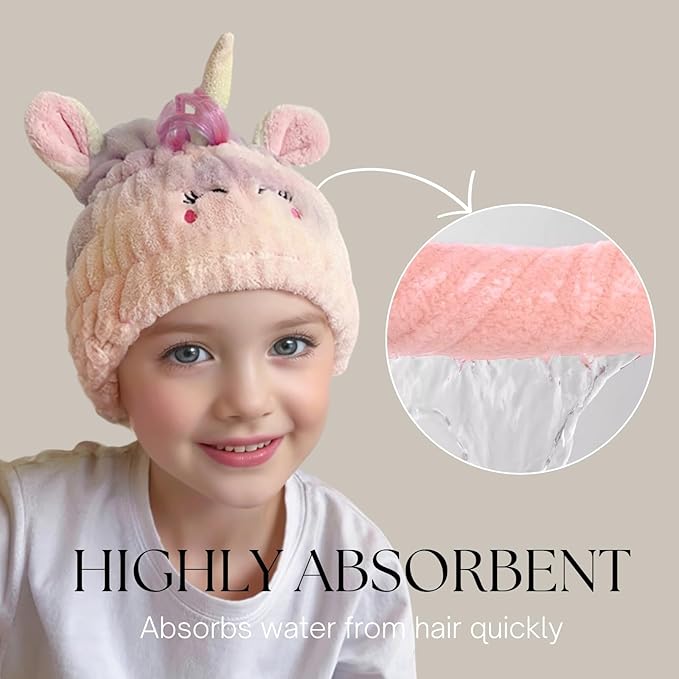 Microfiber Hair Towel Wrap for Kids, Unicorn Dry Hair Cap Suck Water, Absorbent - Image 5