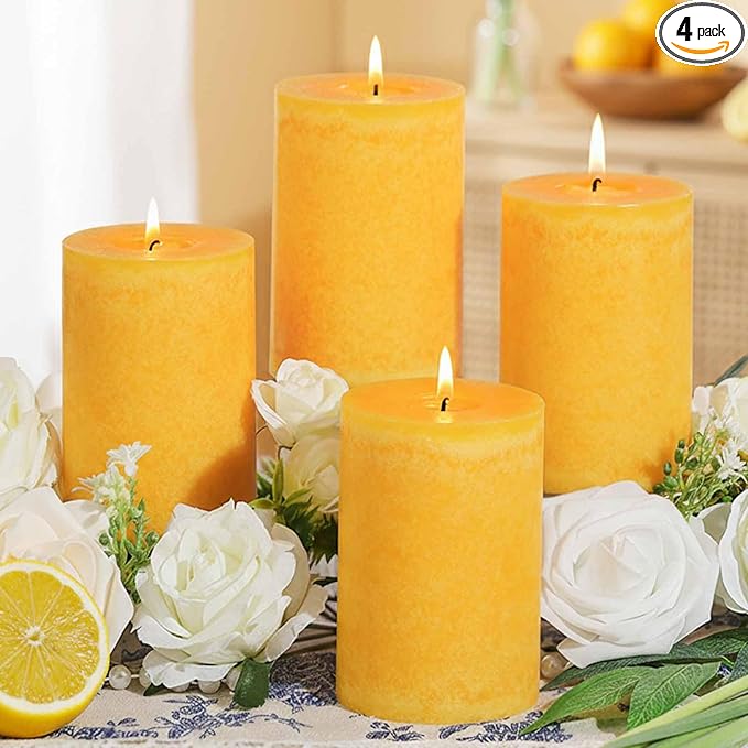 Orange Lemongrass Scented Pillar Candles 4 Pack, 60 Hours Long Lasting Burn by MAKALONE