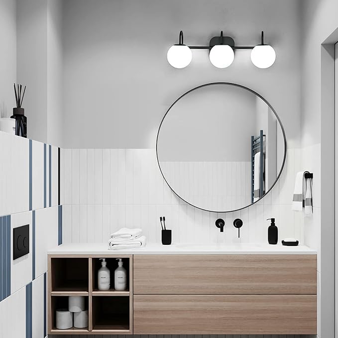 Modern Black Bathroom Vanity Light Fixtures 3 Lights Frame and Milk White Glass - Image 2