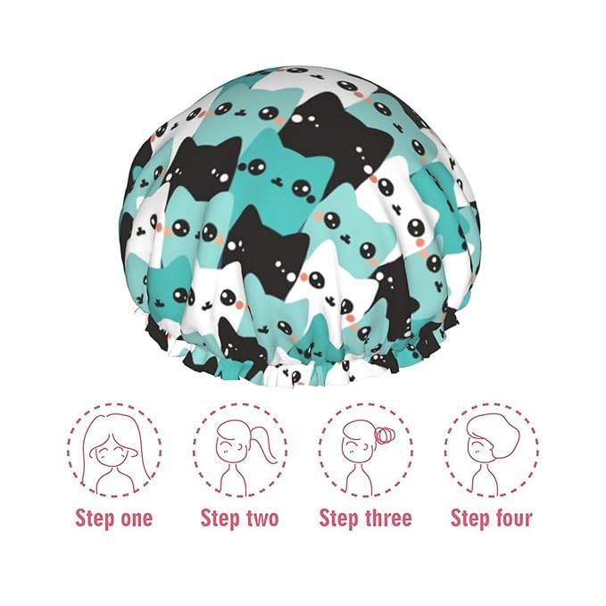 Cat Pattern Shower Cap For Women Reusable Waterproof Double Layers Bath Cap - Image 6