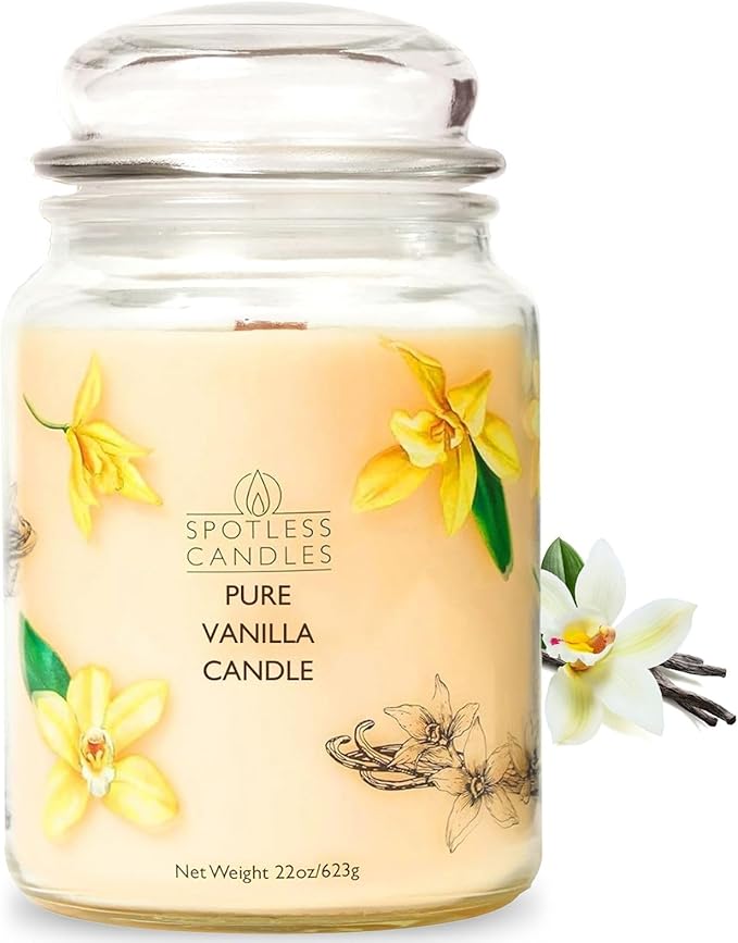 Pure Vanilla Scented Candle 22oz – 80-85 Hour Burn Time, Wooden Wick, Large by SpotlessLeopard