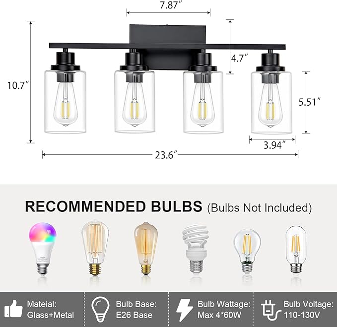 4 Light Black Bathroom Vanity Light Fixture Over Mirror Modern Farmhouse Wall - Image 3
