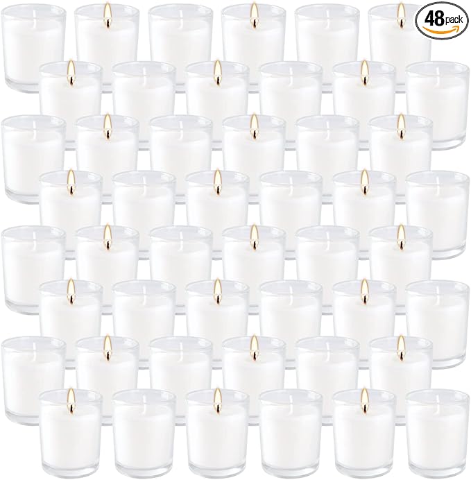 Set of 48 White Votive Candles, Unscented Candles Filled in Clear Glass by YIH