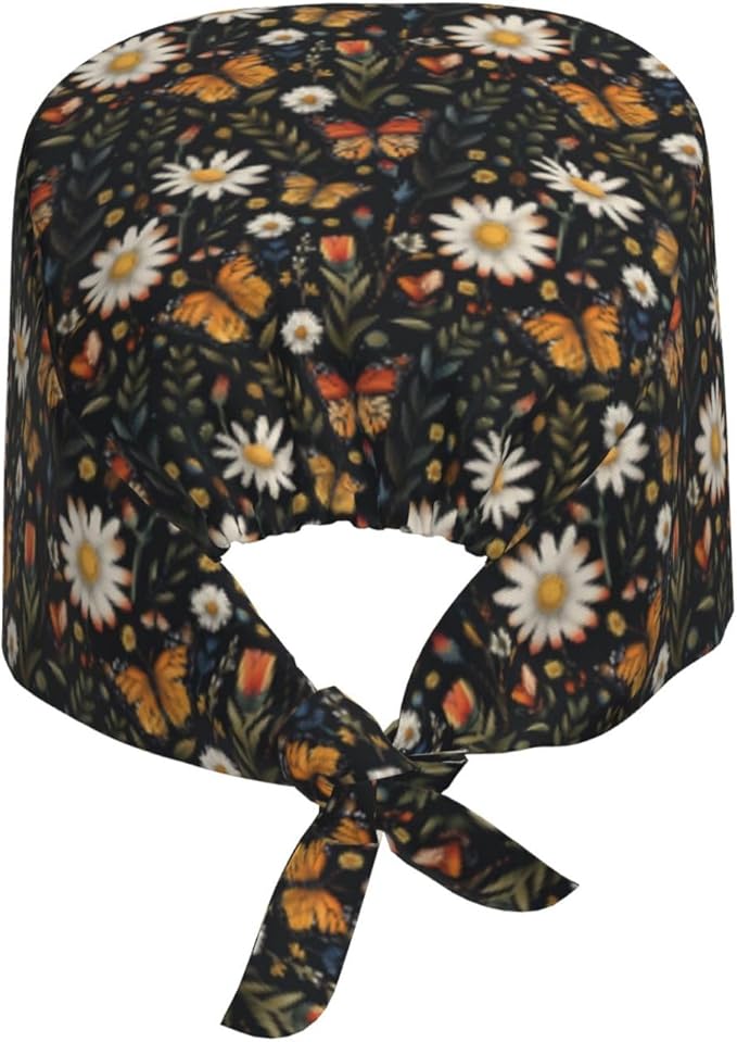 Scrub Cap for Women and Men Boho Black Leaf Pattern Adjustable Breathable - Image 8