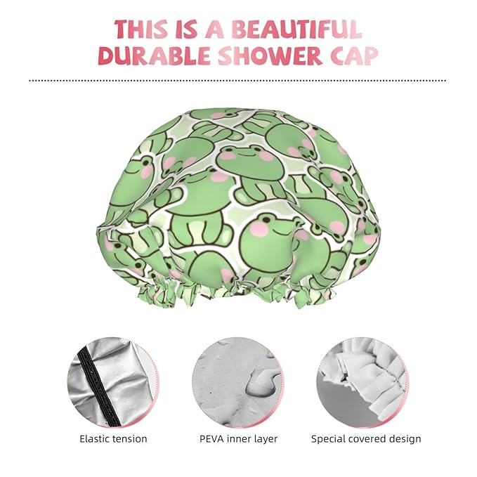 Cute Frogs Shower Cap For Women Reusable Waterproof Double Layers Bath Cap Hair - Image 4