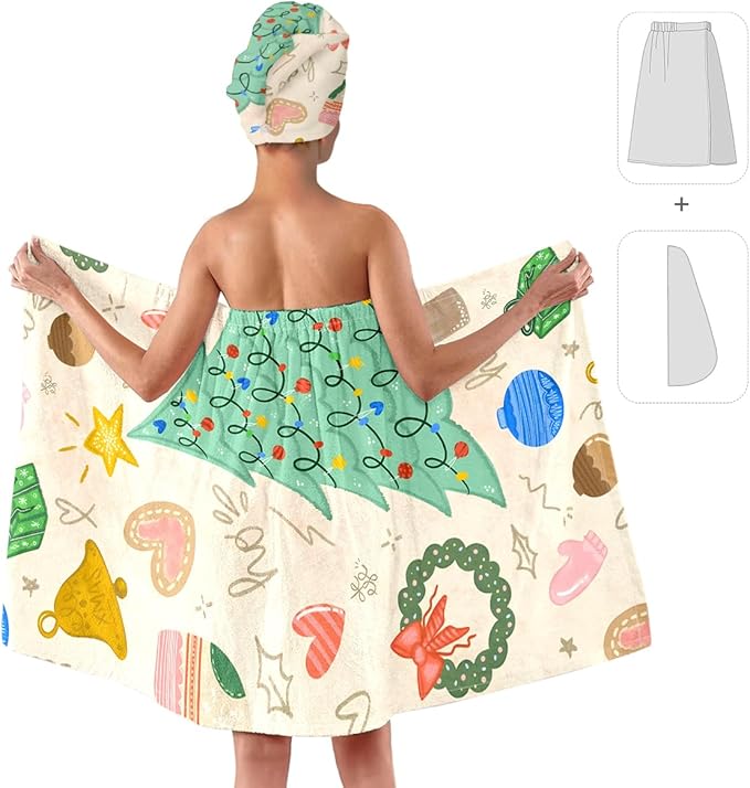 Christmas Bath Wrap and Hair Drying Towel Set – Holiday Shower Skirt - Image 2