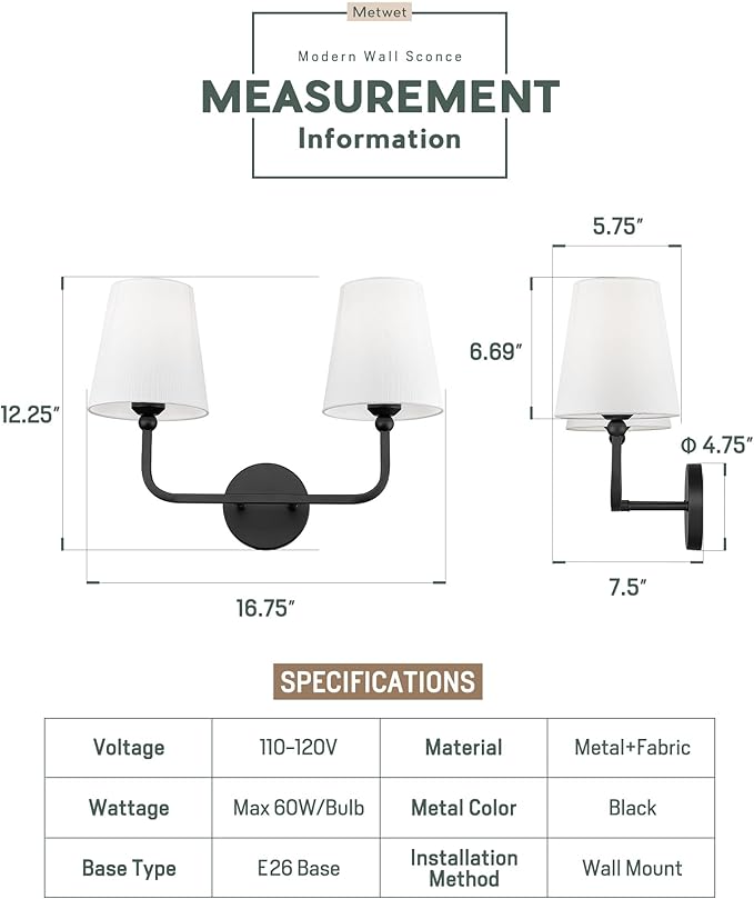 2-Light Bathroom Light Fixtures, Matte Black Vanity Lights, Double Wall Sconce - Image 2