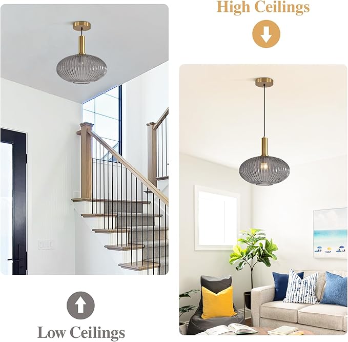KCO Lighting Mid Century Modern Gold Glass Pendant Lighting Smoke Grey Globe - Image 7