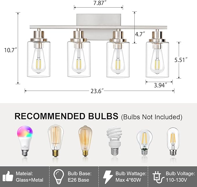 4 Light Bathroom Light Fixtures Brushed Nickel Vanity Light Over Mirror Modern - Image 3