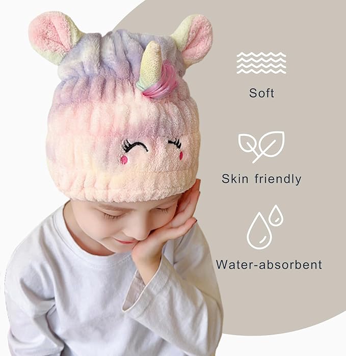 Microfiber Hair Towel Wrap for Kids, Unicorn Dry Hair Cap Suck Water, Absorbent - Image 4